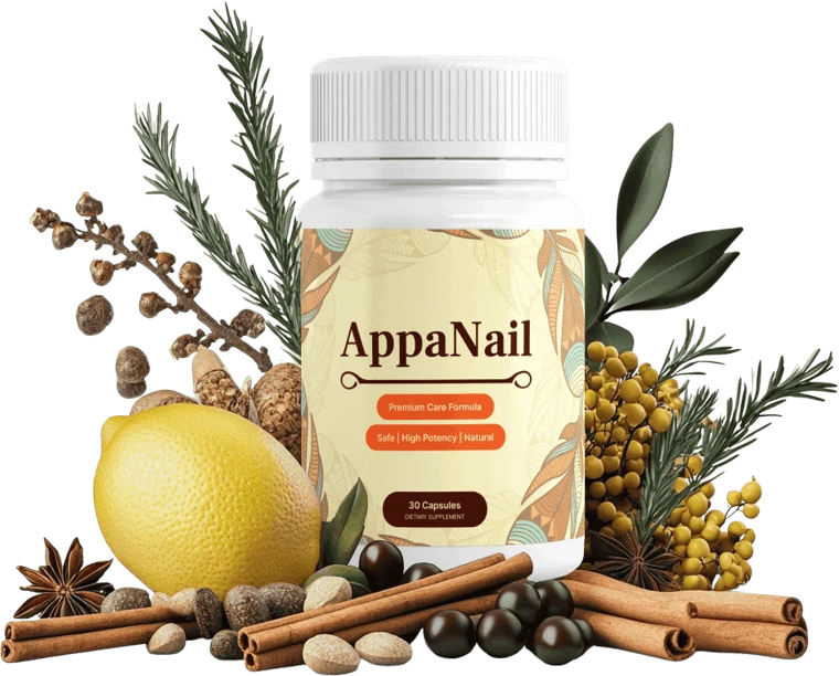 AppaNail premium care formula bottle with natural ingredients like lemon, cinnamon, juniper and pine